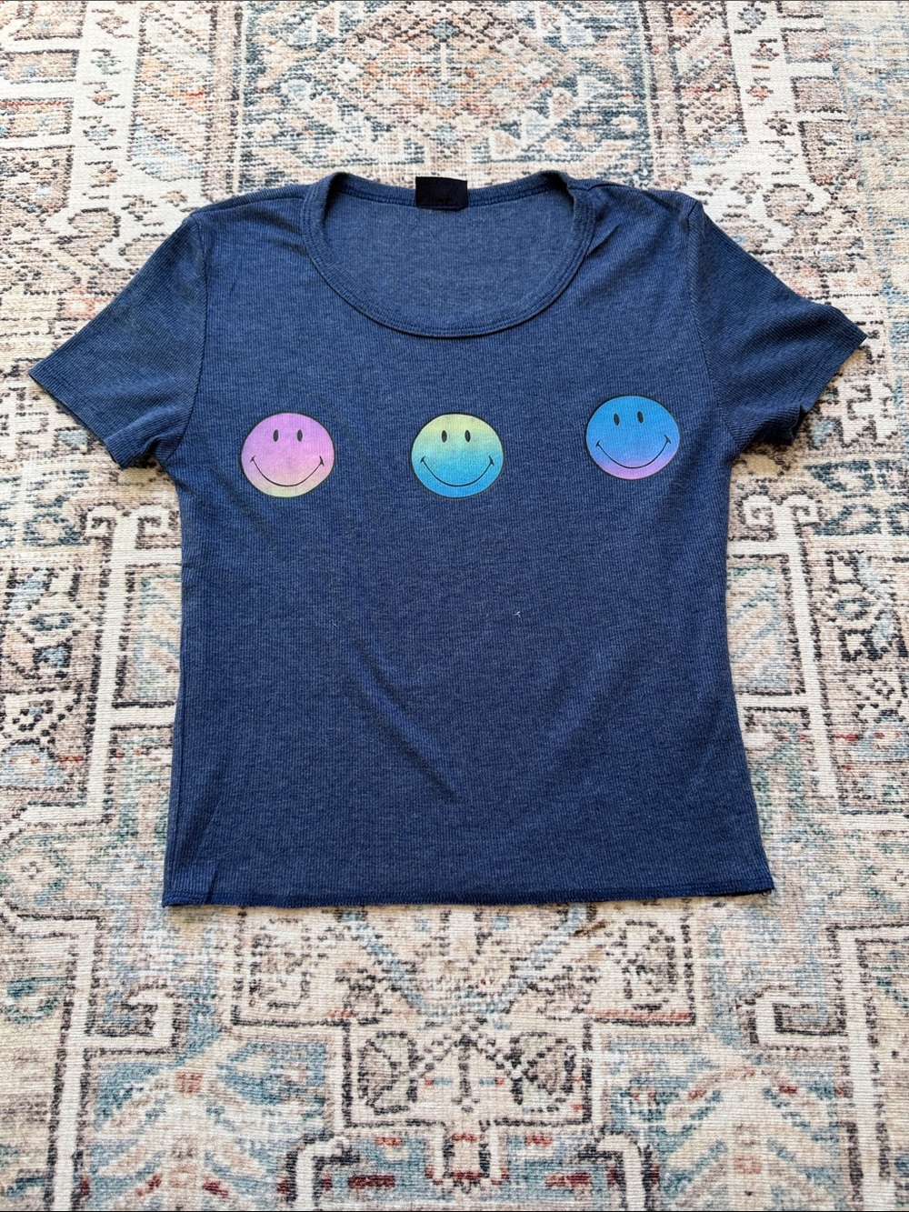 Girl’s Navy Smiley Graphic Tee - Rainbow Smiley Faces